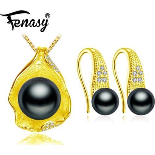 FENASY 925 Sterling Silver pearl jewelry sets for women,natural stud earrings vintage pendant necklace wedding party jewelry