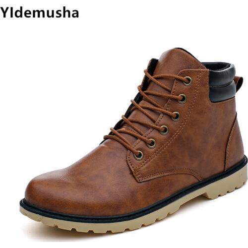 YIdemusha 2020 New Autumn Winter Men Walking PU Boots Vintage Style Boots Men Shoes Casual Fashion High Upper Lace-up Warm Boots