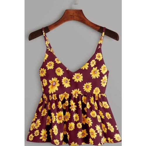 40# Ruffle Sexy Tank Womens Tops Sunflower Print Sleeveless Pullover Vest Tank Camis Backless Crop Top Bluse Shirts Топ Женский