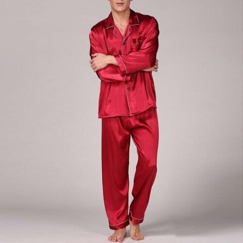 Men Silk Nightwear Set 2021 Turn-Down Collar Long Sleeve Tops+Long Pants Pajama Set Sleepwear for Spring Fall S/M/L/XL/XXL