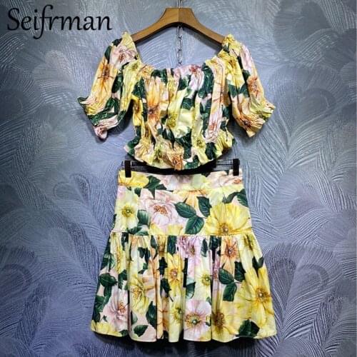 Seifrmann New 2021 Women Summer Fashion Runway Skirt Set Sexy Slash neck Tops+High Waist Printed Midi Skirts 2 Two Pieces Suits