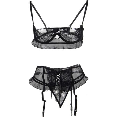 Stitching Bra Panty Set Lace Backless Sexy Garterbelt Lingerie Set Women Mesh Slutty Floral Open Bust Charming 3-pieces RW80512