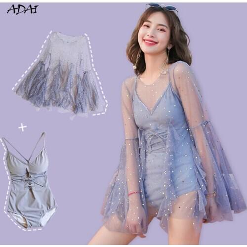 One Piece Swimsuit Women Sexy V Neck Backless Bodysuit Bathing Suit 2 Piece Sets Sequins See-through Cover Up Bikini Swimwear