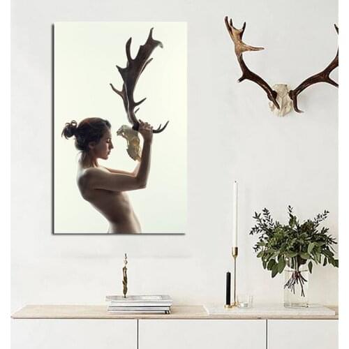 Modern Nordic Sexy Girl and Antler Mask Canvas Painting Art Print Poster Abstract Women Wall Pictures Wall Art Living Room Décor