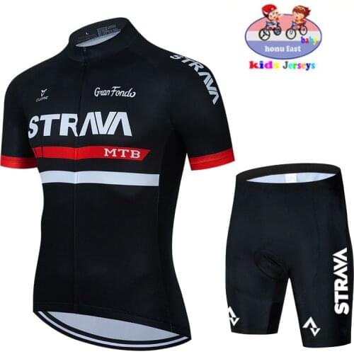 Strava 2021 New Fluorescent Green Kids Cycling Jersey Set Breathable Short Sleeve Children Bike Clothing Boy Summer Bicycle Wear