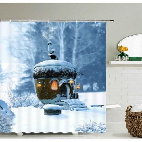 Winter Snow Scene Ski Print Shower Curtain Bathroom Decoration Waterproof Polyester Cloth Fir Forest Shower Curtain Set Mat