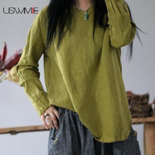 2020 Autumn Blouse Women Retro Art Simple Leisure V-neck Solid Color Women Shirts Irregular Hem Loose Comfort Brief Ladies Tops