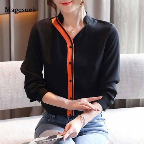 2020 Autumn Fashion Long Sleeve Cardigan Spliced Bottoming Shirt New Women Lapel Contrasting Color V-neck Chiffon Blouse 10889