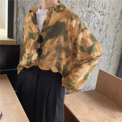 Womens Shirts Vintage Blouses Long Sleeve Ladies Tie Dye Tops Loose Sun-Proof Leisure Blouse Shirts Autumn Korean Streetwear