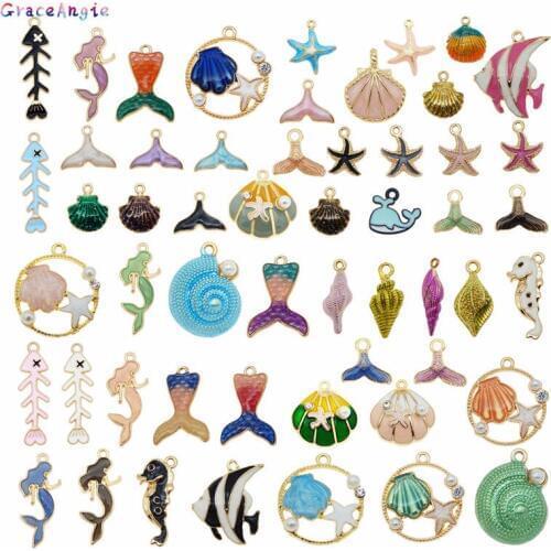 10pcs Enamel Mermaid Starfish Shell Mixed Ocean Animal Shape Charms For Necklace Bracelet Earrings Pendant DIY Accessory