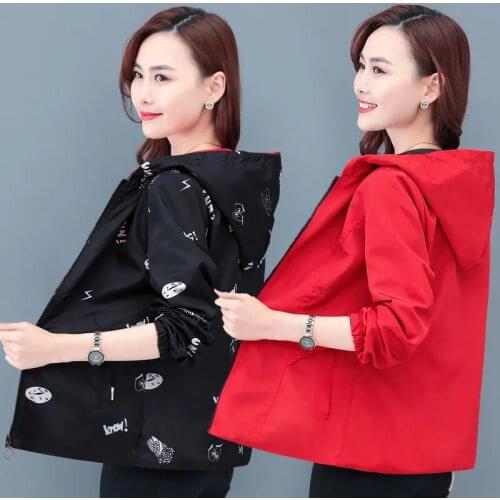 2021 New Autumn Women Jacket Windbreaker Female Loose Coats Casual Basic Jacket Zipper Hooded Two Side Wear Print Outwear