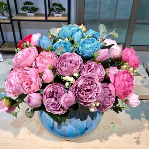 5 Big Heads and 4 Buds Fake Flowers Pink Rose Peony Artificial Flowers Bouquet Artificial Flower for Decorating Home Party