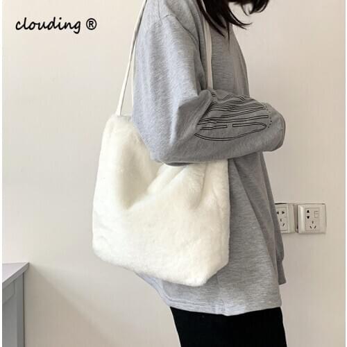 Womens Shopper Bag Plush Tote Shoulder Bags for Women 2020 Fluffy Female Handbag Fur Ladies Hand Shoppers Bag Black Sac A Main