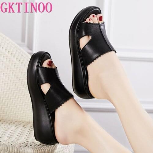 GKTINOO Women Slippers Summer 2020 Casual Shoes Genuine Leather Wedges Platform Slippers Women Sandals High Heel Slides