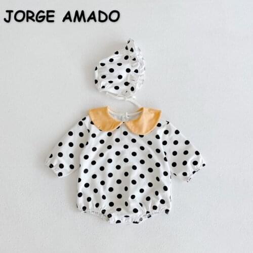 2021 Hot Sale New Autumn Baby Girls Bodysuit Long Sleeve Peter Pan Collar Dot Print Jumpsuit Kids Clothing 0-2 Years E2144