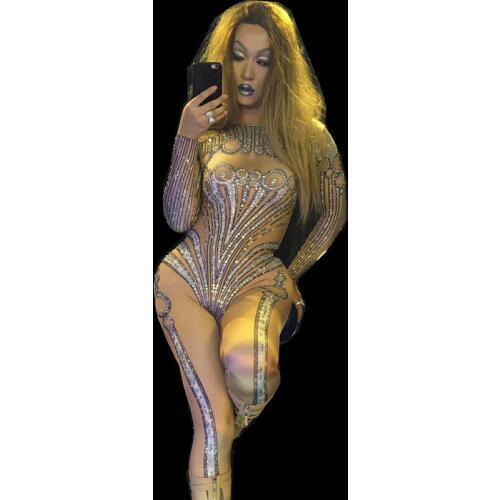 Sexy Womens Rhinestone Tight Fitting Long Sleeves Jumpsuits Female Fashion Nightclub Style Pole or Ds Dance Performance Clothes