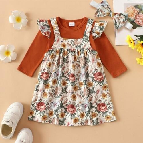 Baby Girl Outfits Baby Girl Clothes Set 3pcs Sets Long Flying Sleeve Tops+floral Print Dress+headband Sweet Baby Clothes 0-18M