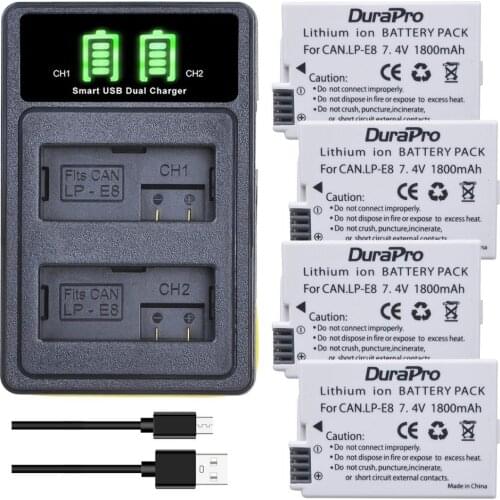 4 x 1800mAh LP-E8 LP E8 Camera Battery Charger Set Replacement For Canon EOS 550D 600D 650D 700D kiss X4 X5 X6i X7i Rebel T2i T3