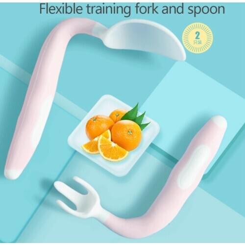 Baby Feeding Spoon Fork Sets Children Curved Handle Easy Grip Elbow Training Kit Flexible Training Fork And Spoon 2021