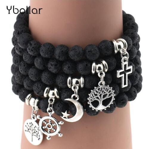 Trendy Lava Stone Bracelet For Men Or Women Charm Rock Stone Beaded Bracelet Heart Tree Moon Cross Star Elastic Bangles Jewelry
