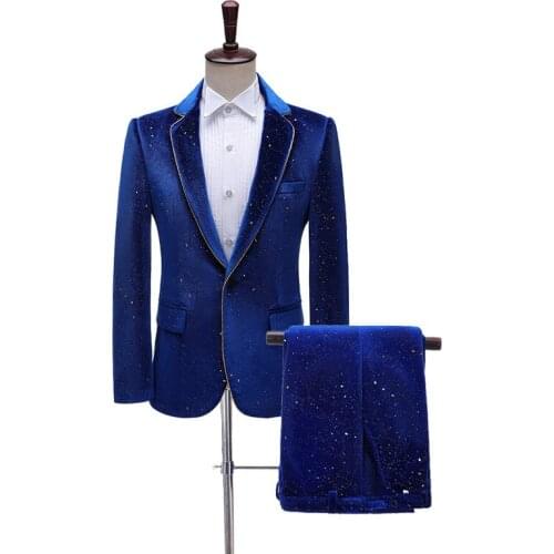 Men Fashion Suit Studio Stage Performance Velveteen Banquet Party Prom Tuxedo Nightclub Singer Host Dancer Ball Costume
