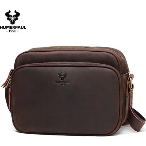 HUMERPAUL Crazy Horse Leather Men Messenger Shoulder Bags Vintage Man Crossbody Bag Handbags Sling Capacity Bolsas Male Ipad Bag