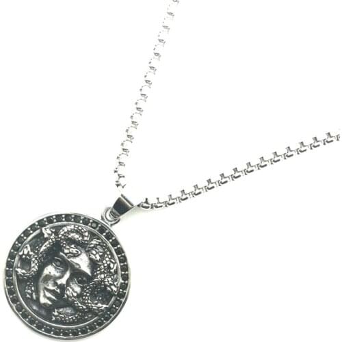 Newest Unisex 316L Stainless Steel Medusa Black Stone Pendant Chain