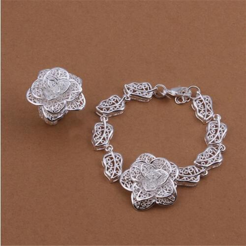 New arrive free shipping silver color jewelry fashion cute Pretty FLOWER Bracelet Ring set TOP quality