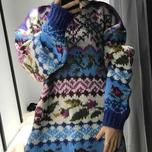 Pullover Rushed Japanese Retro Big Sweater Female 2019 Autumn And Winter Color Jacquard Knitting Handmade Wool Long Section Of