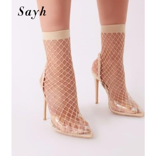 Fashion Women Sandals Leopard Gladiator Pumps Pointed Toe Mesh Transparent Stilettos High-Heel Sandals Shoes Sock Boots