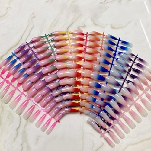 24 Pcs Detachable Long Coffin Fake Nails Rainbow Ballerina Full Coverage Nail Art Tips Colorful Beauty Artificial False Nails