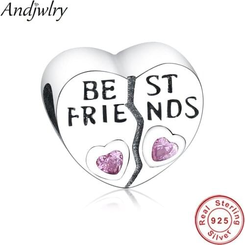 Fit Charms Bracelets Silver 925 Original Beads Best Friend Pink CZ Love Heart Charms Silver Beads For Jewelry Making