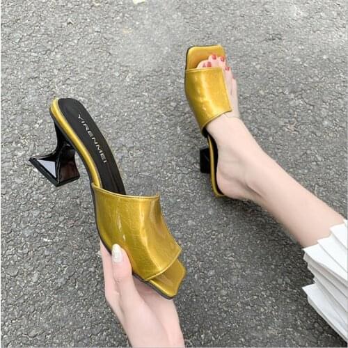 Summer womens Slippers Fish mouth mid heel fashion Stitching transparent sandals Woman Flip flops high heels Ladies Slippers