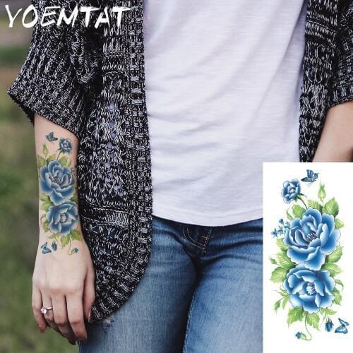 Blue peony flowers arm shoulder tattoo stickers flash henna tattoo fake waterproof temporary tattoos sticker women on body