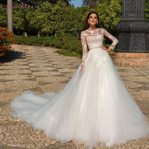 Julia Kui Full Sleeve Of A Line Wedding Dress With Chapel Train Tulle vestido de noiva Scoop Neckline