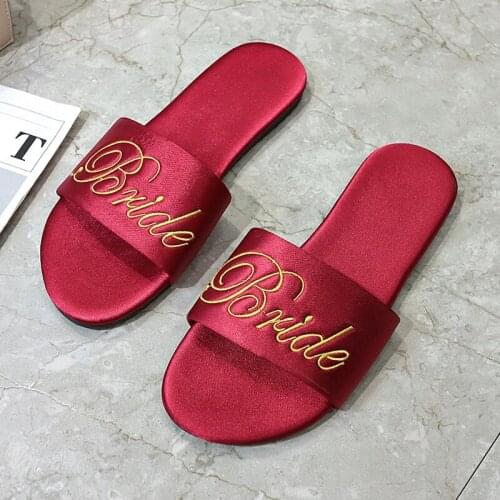 Embroidery Bridesmaid Slippers Women Satin Red Slippers With Hand Gift Brides Gown With Shoes And Slippers