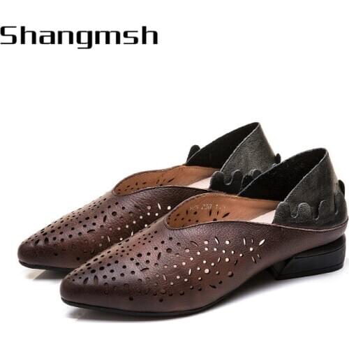 Pointed toe ladies shoes pumps elegant brown office casual shoes hollow out square low heels leather women Pumps 925