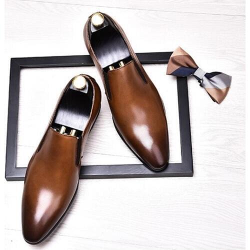 Italian Brown Genuine Leather Mens Shoes Casual Flats Fashion Pointed Toe Mens Loafers Slip On Mens Party Office Wedding Shoes