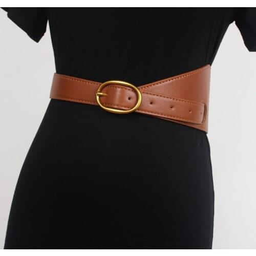 Womens Runway Fashion Gold Buckle PU Leather Cummerbunds Female Dress Corsets Waistband Belts Decoration Wide Belt R1743