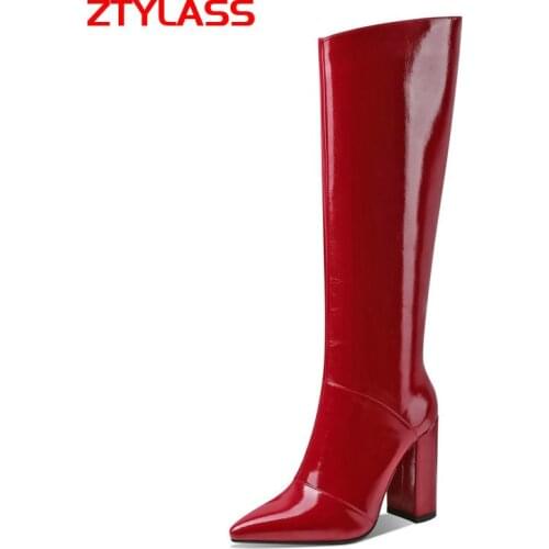 2021 Sexy Red Pu Patent Leather Knee High Boots Autumn Women Boots Chunky High Heel Long Booys Fashion Pointed Toe Winter Shoes