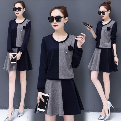 Set female large size plaid shirt A word skirt two-piece 2019 spring and autumn new temperament wild hit color casual womens