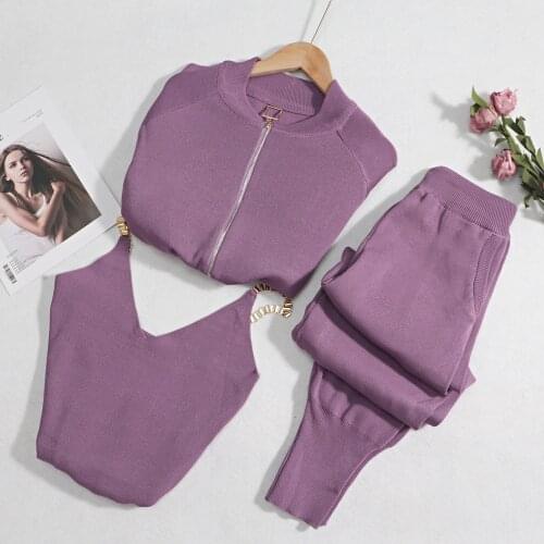 GIGOGOU Spring Solid Knit 3 Pieces Set Women Sweater Tracktsuits Zipper Cardigan+ Ankle Length Pencil Pants + Summer Tank Top