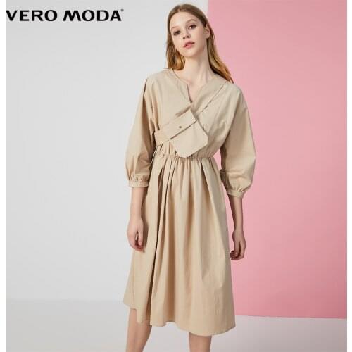 Vero Moda Womens Office Cotton 3/4 Puff Sleeves Waist Bag Belt Dress | 31937C518