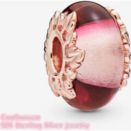 100% 925 Sterling Silver Pink Murano Glass & Leaves Charm beads Fits Original Pandora bracelets Jewelry Making