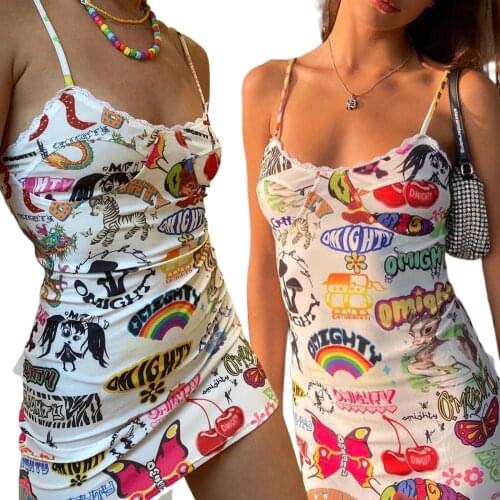 2021 New Women’s Sexy Suspender Short Dress Fashion Printing Flounce V-neck Backless Tight Dress