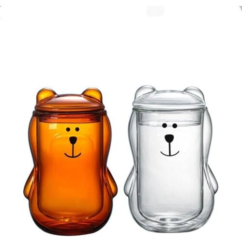 300ml Cute Panda Bear Glass With Lid Water Coffee Milk Children Juice Cup Brown Transparent Double Layer