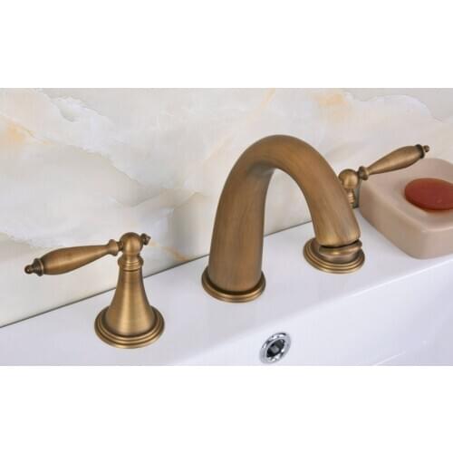 Antique Brass Bath Tub Faucet Double Handle Widespread Bathroom Basin Sink Mixer Tap lan081