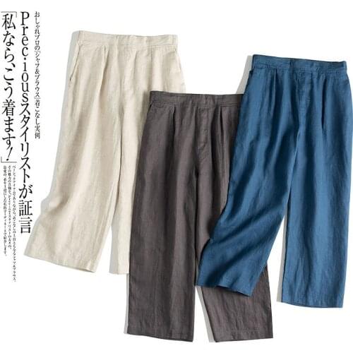 Spring Autumn Women All-match Loose Comfortable Breathable Water Washed 14*14 Linen Trousers Elastic Waist Wide Leg Pants