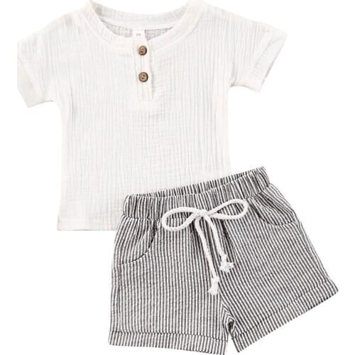 6M-3Y Kid Baby Boys Girls Clothes Sets White Button Short Sleeve T Shirts Tops+Striped Pants
