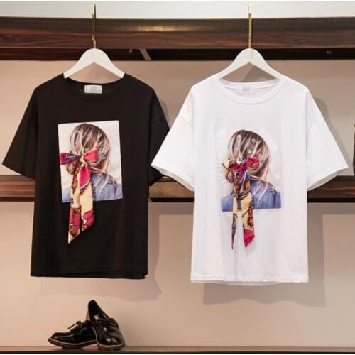 T Shirt Women Clothes 2019 Summer T Shirt 3D Bow Girl Print Tshirt Streetwear Beading Cotton Tops Casual Plus Size T-Shirt L-4XL